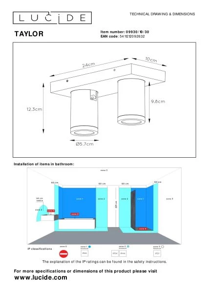 Lucide TAYLOR - Foco de techo Baño - LED Dim to warm - GU10 - 2x5W 2200K/3000K - IP44 - Negro - técnico